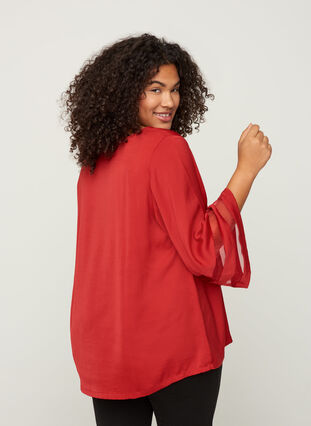 Ensfarget bluse med 3/4-ermer og V-hals, Haute Red, Model image number 1