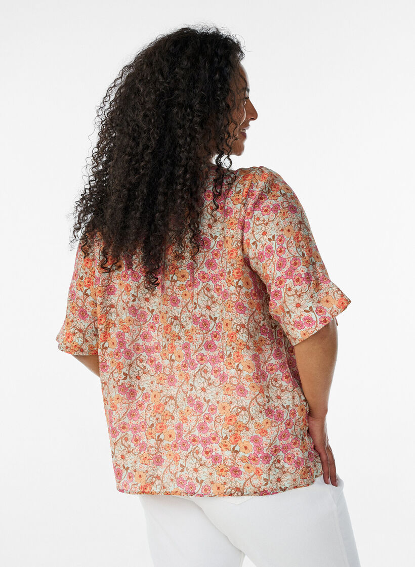 Bluse i viskose med blomstertrykk, Orange, Model image number 2