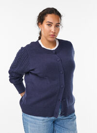 Cardigan med kabelstrikkede ermer, Blå Cardigan med kabelstrikkede ermer, Blå, Model