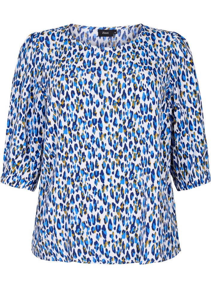 Bluse med mønster og 3/4-ermer, Blue Leo AOP, Packshot image number 0