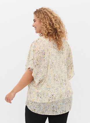 Mønstrete bluse med knyting og korte ermer, Icicle Flower AOP, Model image number 1