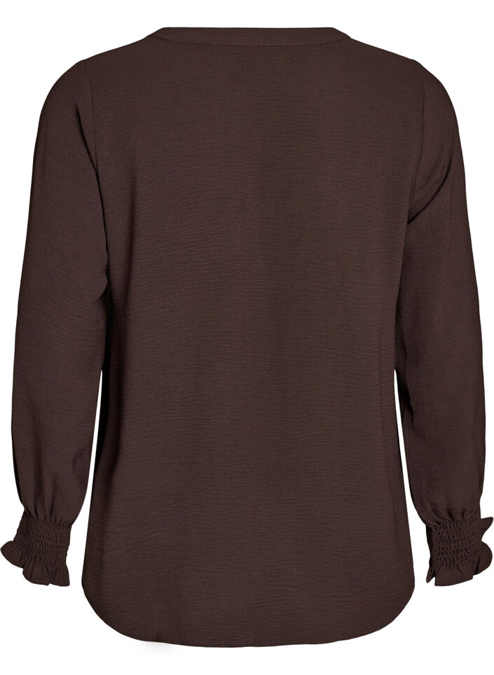 Bluse med smockmansjetter og V-hals, Brun, Packshot image number 1