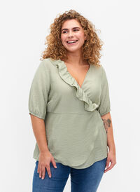 wrap Bluse i viskose med 1/2 ermer, Seagrass , Model