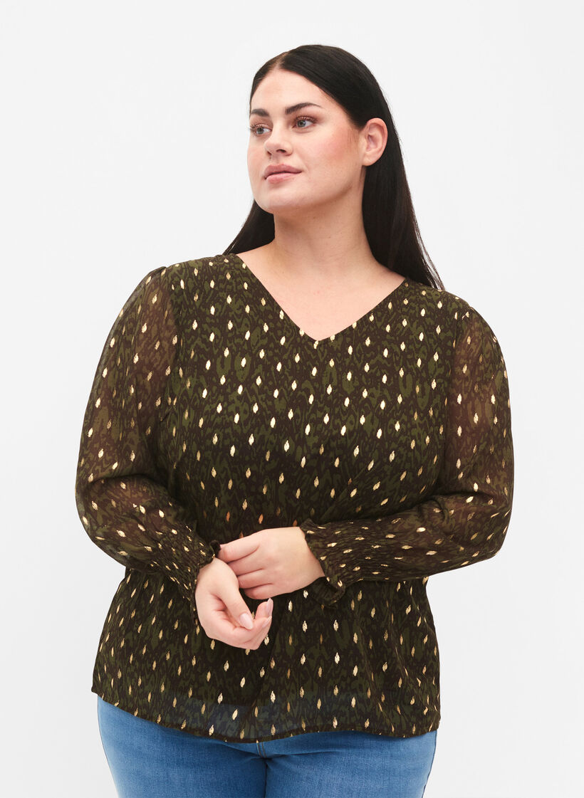 Bluse med trykk og lange ermer, Green Ethnic AOP, Model image number 0