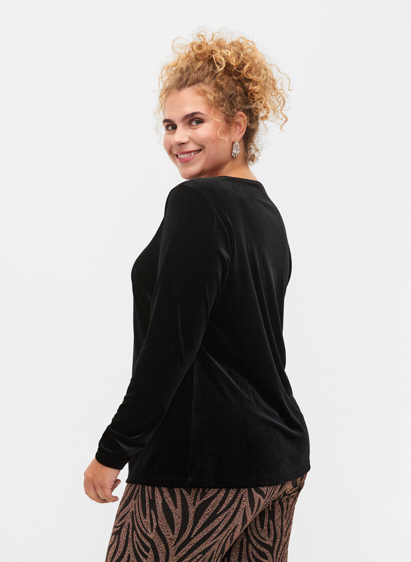 Bluse i velur med lange ermer, Black, Model image number 1