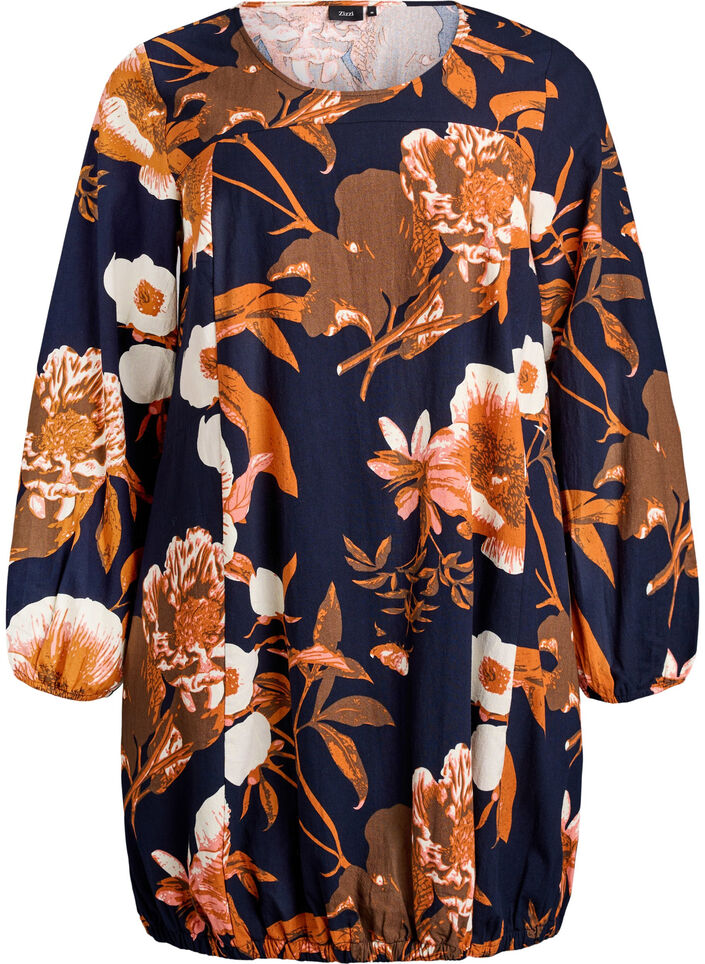 Kort bomullskjole med elastisk fold og lange ermer, Svart, Packshot image number 0