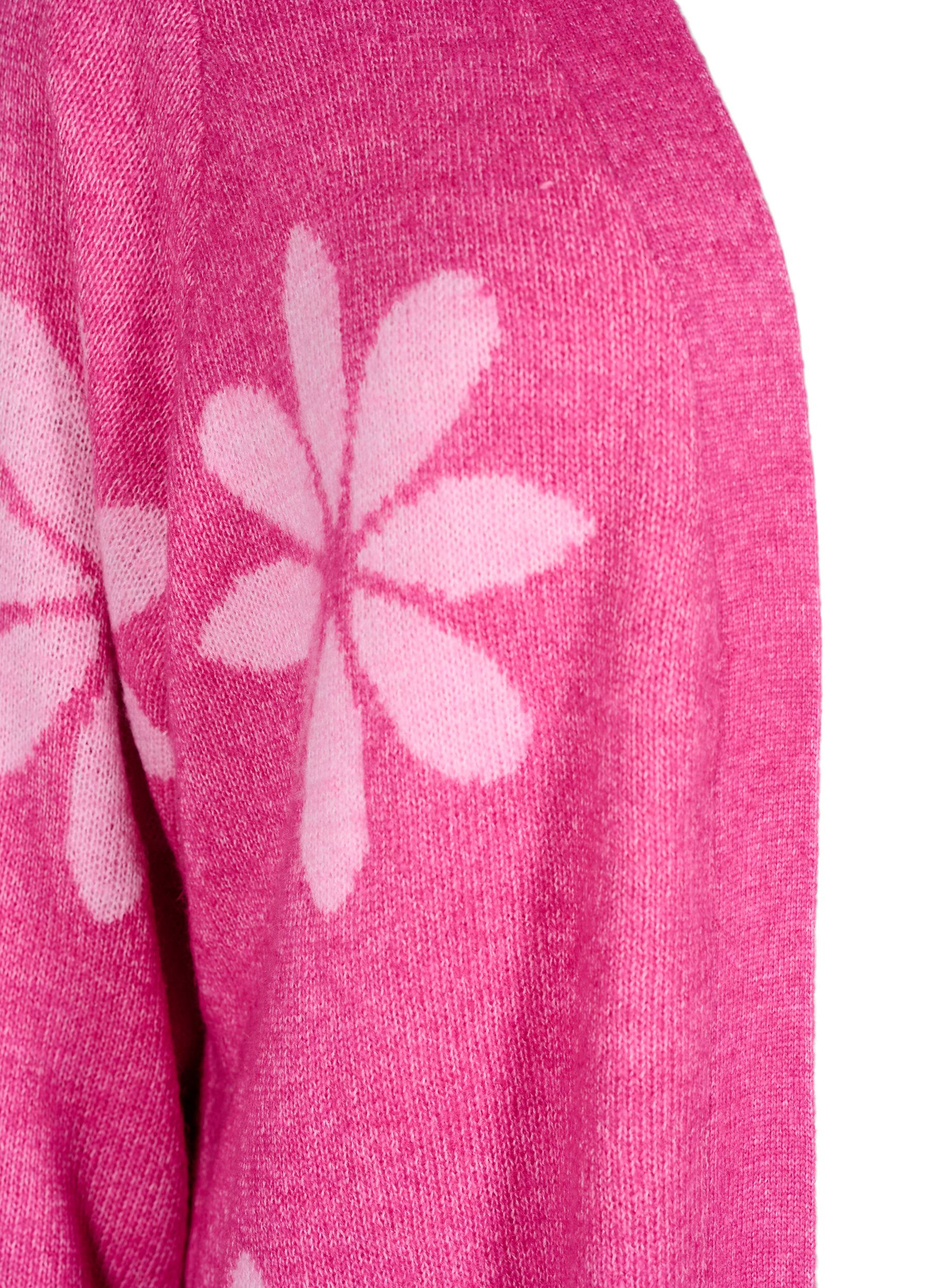 Zizzi Lang strikket cardigan med blomster, Raspberry Rose Comb, Packshot image number 2