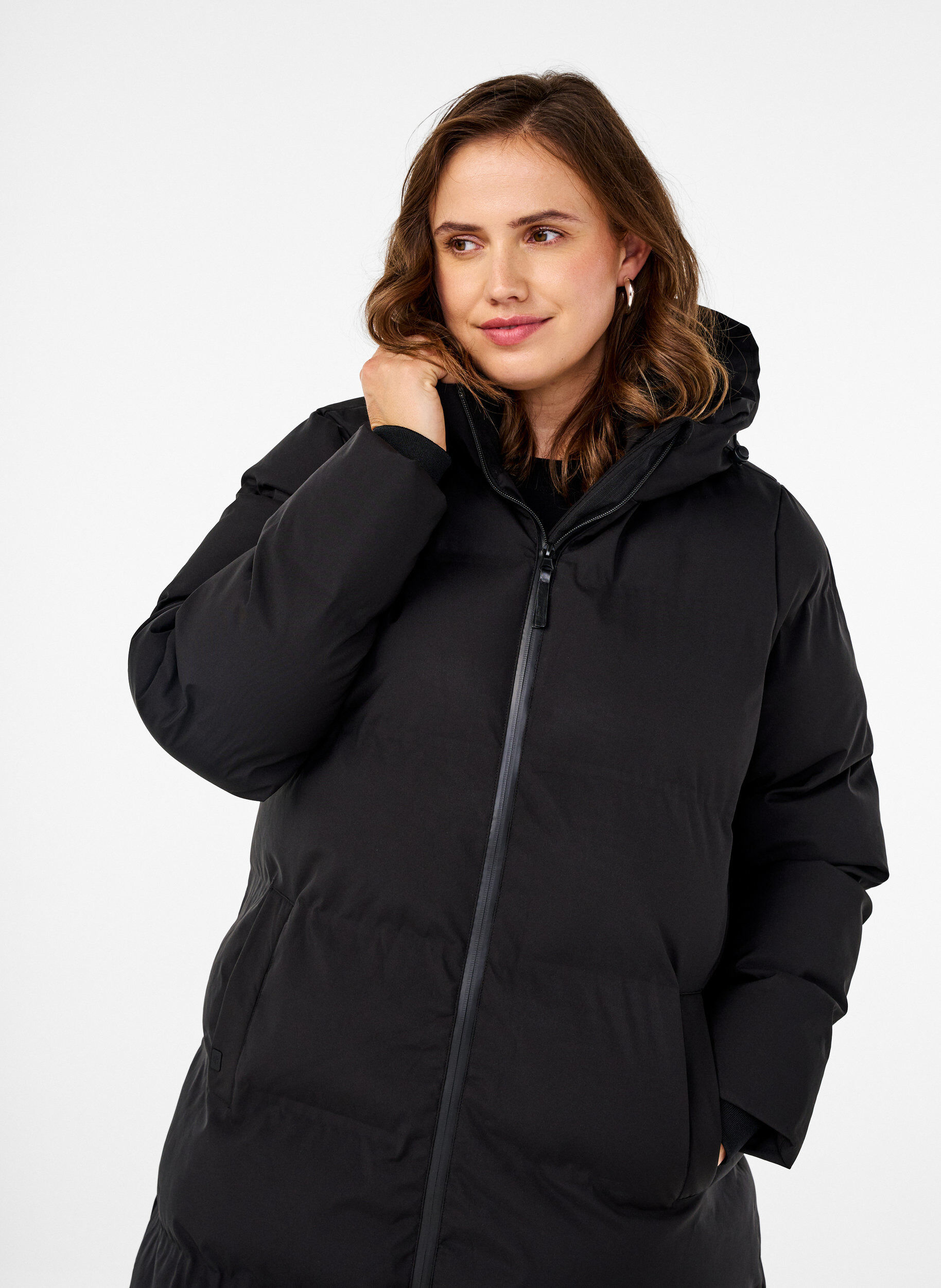 ZizziLang vinterk&aring;pe med hette, Svart, Model image number 2