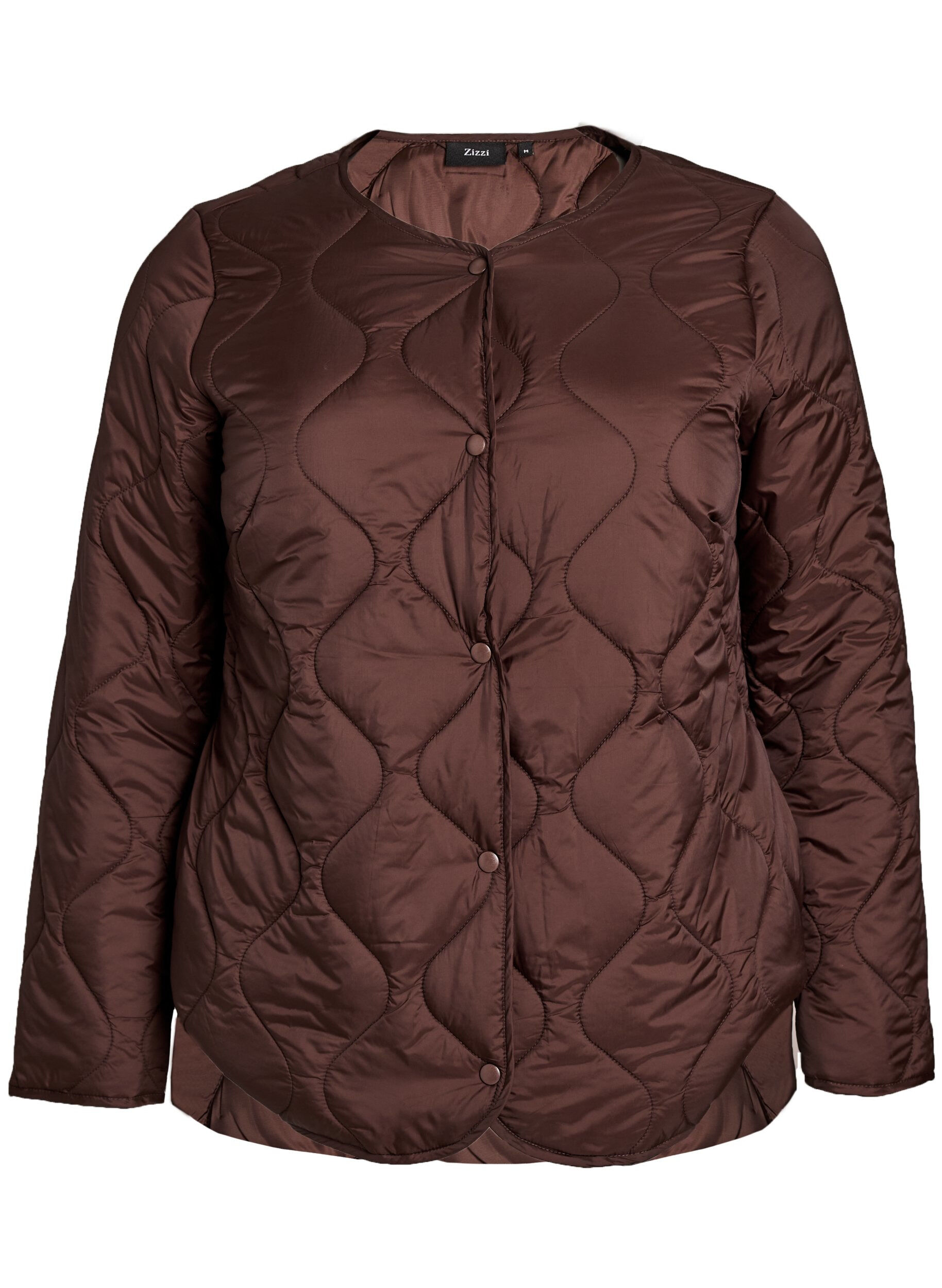 ZizziQuiltet jakke med trykknapper og rund hals, Brun, Packshot image number 0