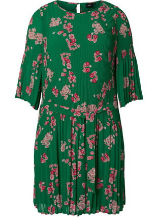 Trykt plisseringskjole med knytebånd, Jolly Green Flower, Packshot image number 0