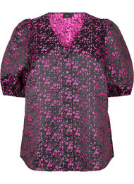 Brodert bluse med korte ermer, Black Pink Flower