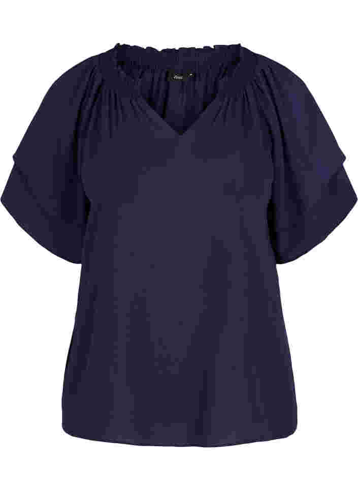 Bluse med korte ermer og V-hals, Navy Blazer, Packshot image number 0