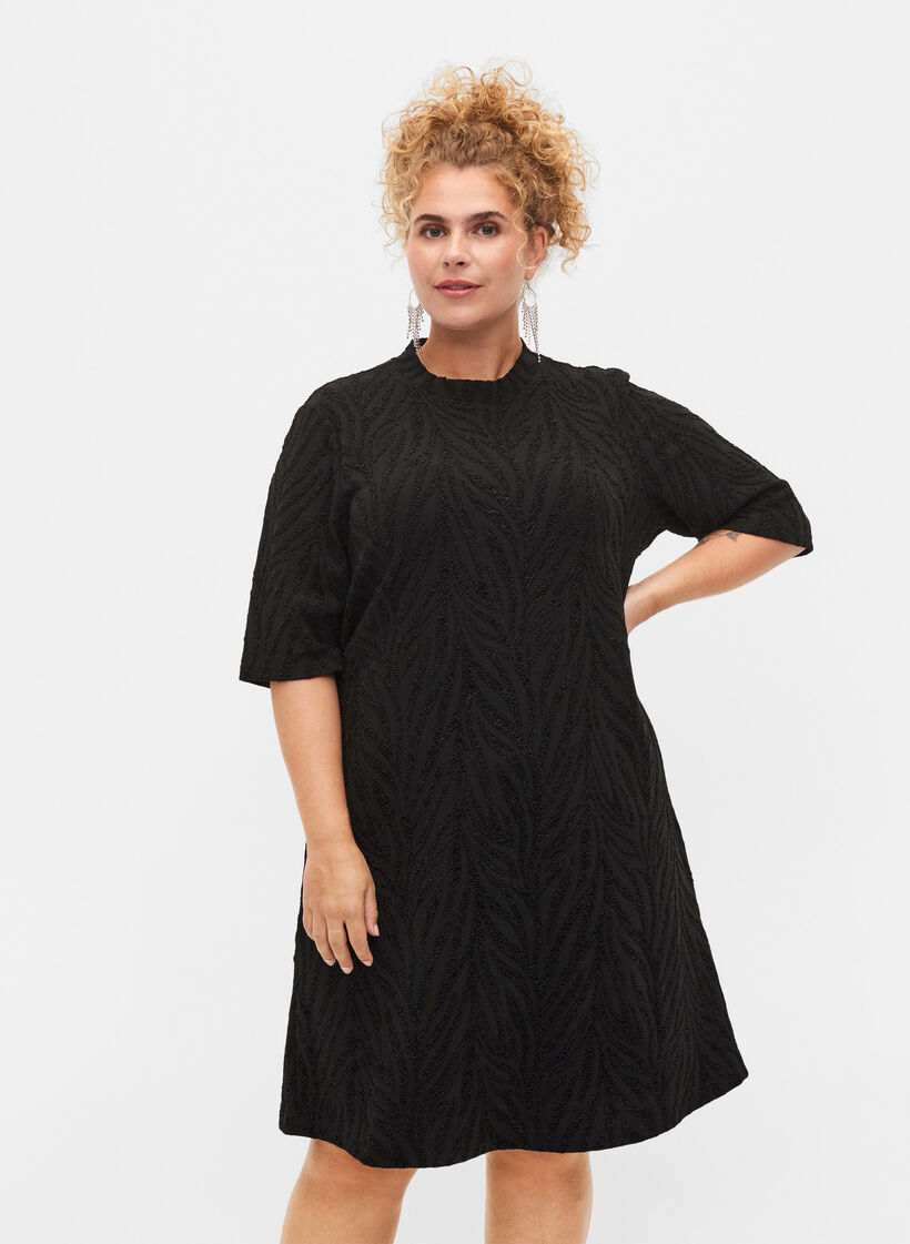 Mønstrete kjole med glitter og korte ermer, Black/Black Lurex, Model image number 0