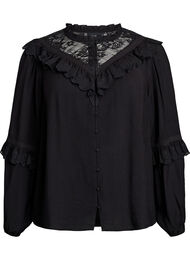 Viskose bluse med blonder og volanger, Black
