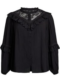 Viskose bluse med blonder og volanger, Svart Viskose bluse med blonder og volanger