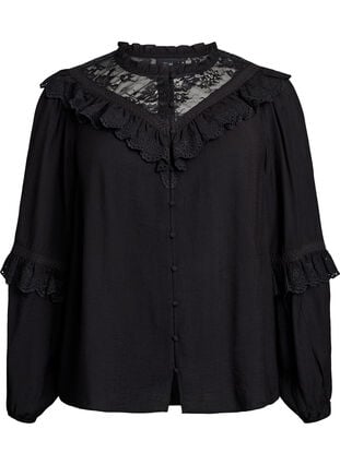 Zizzi Viskose bluse med blonder og volanger, Black, Packshot image number 0