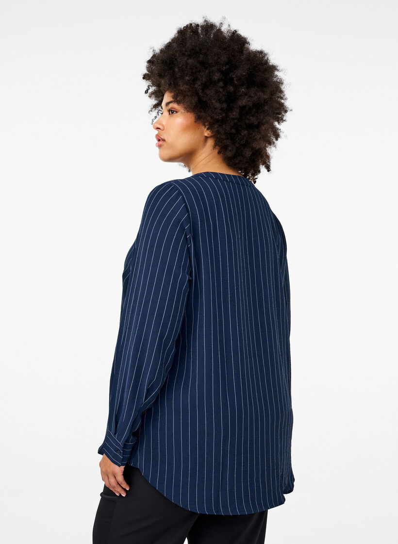 FLASH - Skjortebluse med nålestriper, Blå, Model image number 2
