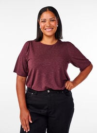 T-skjorte med glitter og korte puffermet, Mørk Bordeaux T-skjorte med glitter og korte puffermet, Mørk Bordeaux, Model