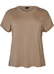 Stripete T-skjorte i viskose med rund hals, Beige