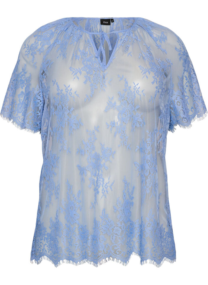 Kortermet bluse med blonder og knyting, Lilla, Packshot image number 0