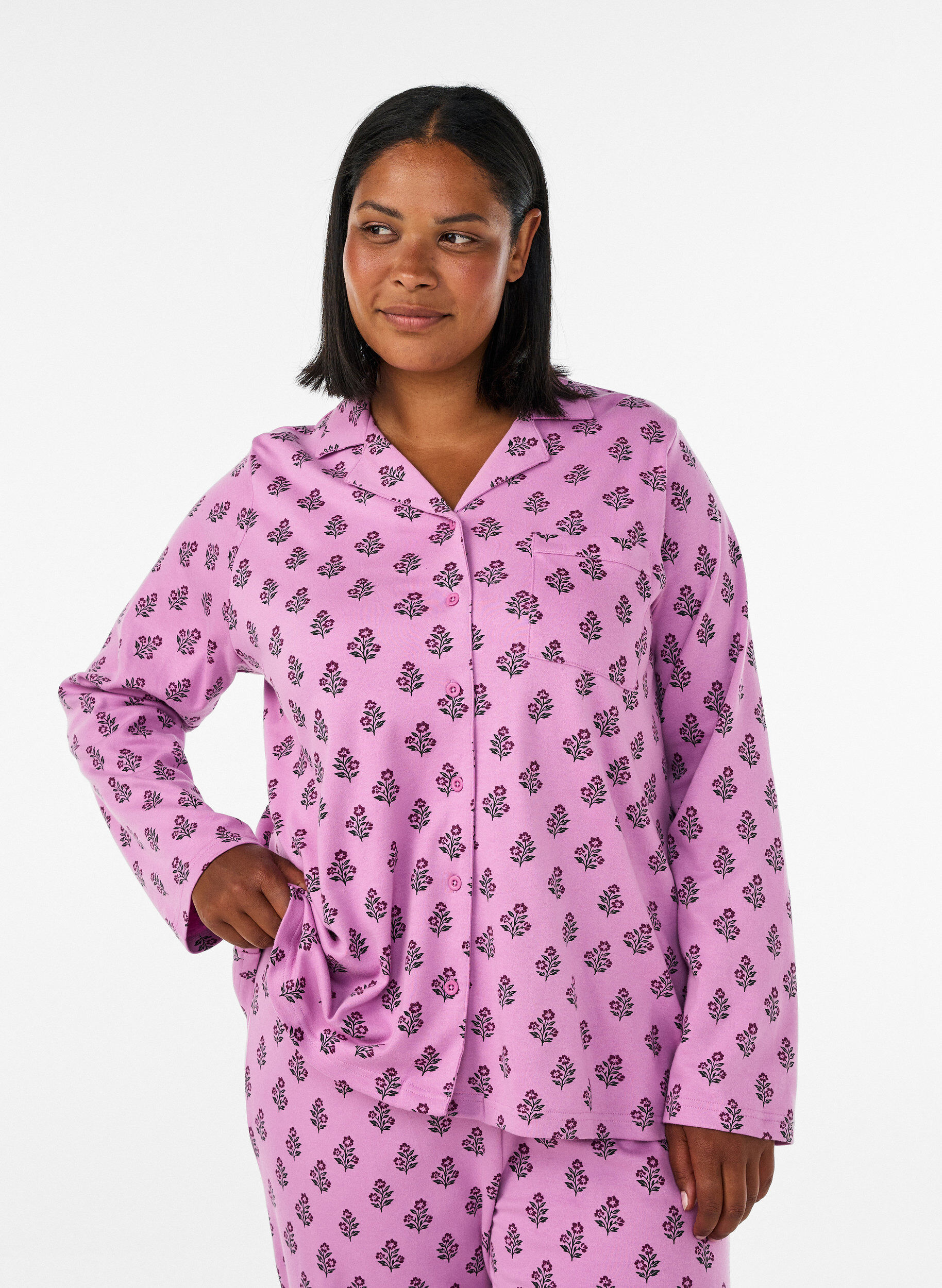ZizziBomullspyjamaskjorte med brystlomme, Rosa, Model image number 0