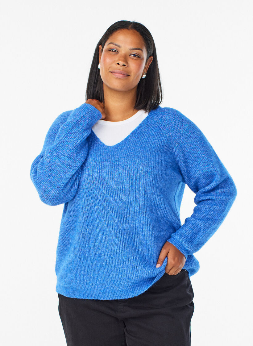 Strikkebluse med V-hals og raglanermer, Bl&aring;, Model image number 0
