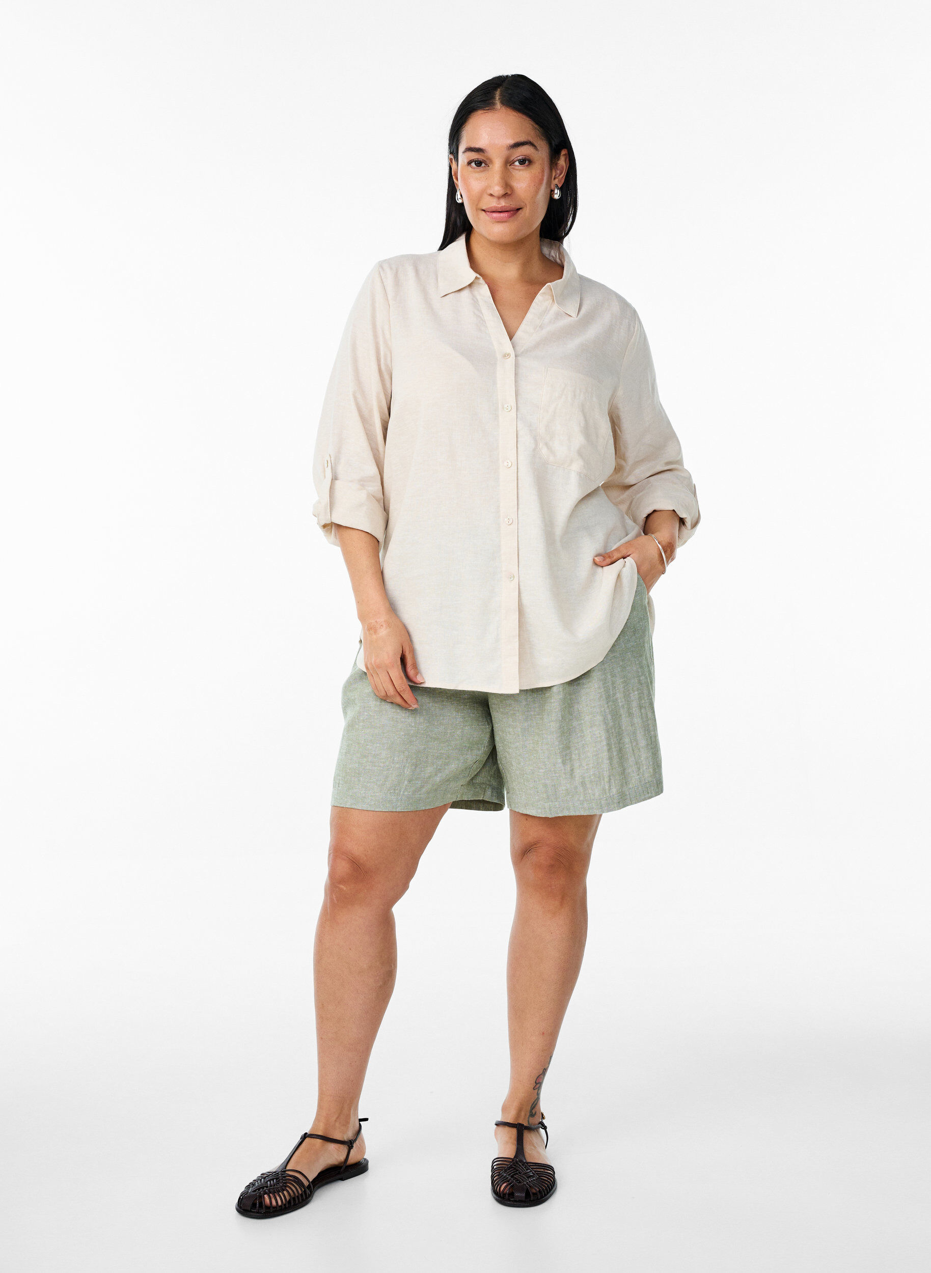 ZizziSkjorte i lin og viskose med 3/4 ermer, Beige, Model image number 1