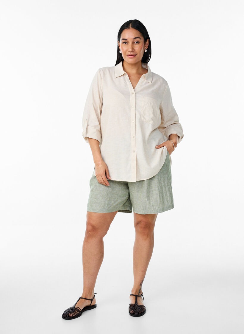 Skjorte i lin og viskose med 3/4 ermer, Beige, Model image number 1