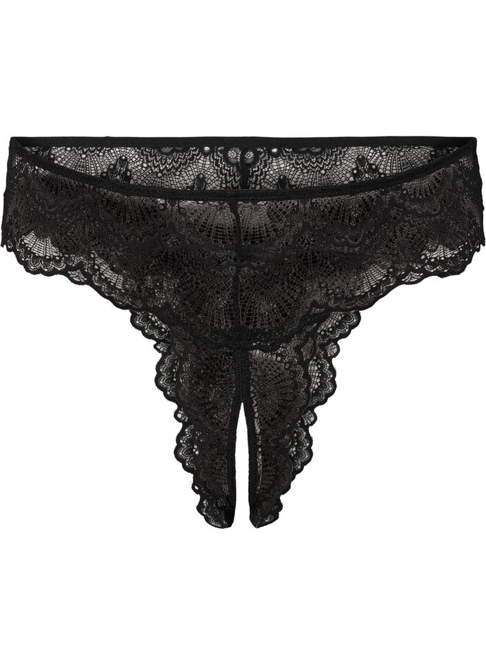 Bunnløs blonder thong, Black, Packshot image number 0