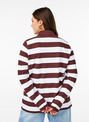 Zizzi Stripete poloskjorte med lange ermer, Mørk Bordeaux, Model image number 2
