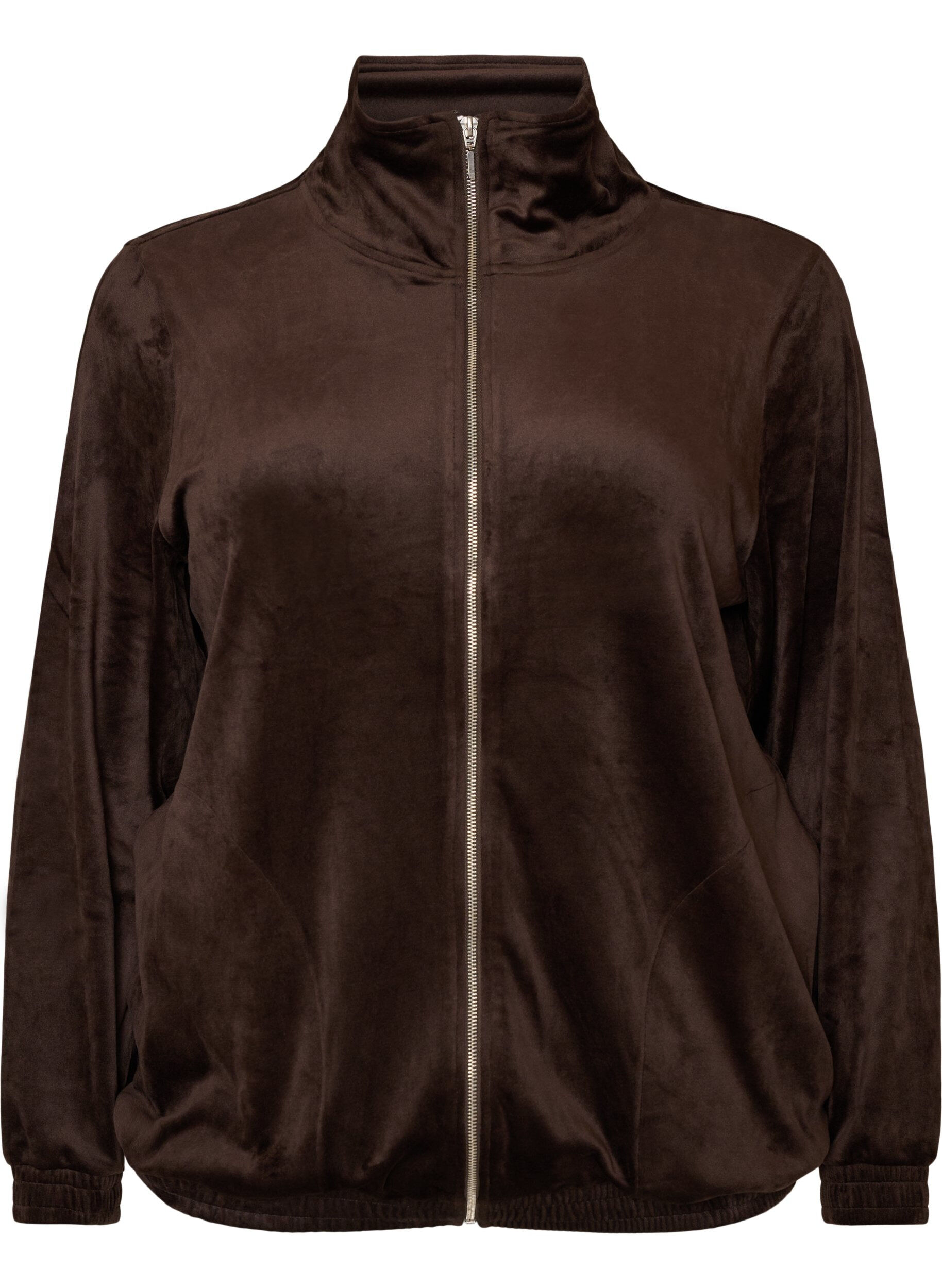 ZizziMyk velourcardigan med glidel&aring;s og h&oslash;y krage, Brun, Packshot image number 0