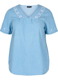 Kortermet bluse med broderi, Light blue denim