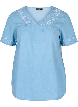 Kortermet bluse med broderi, Light blue denim, Packshot image number 0