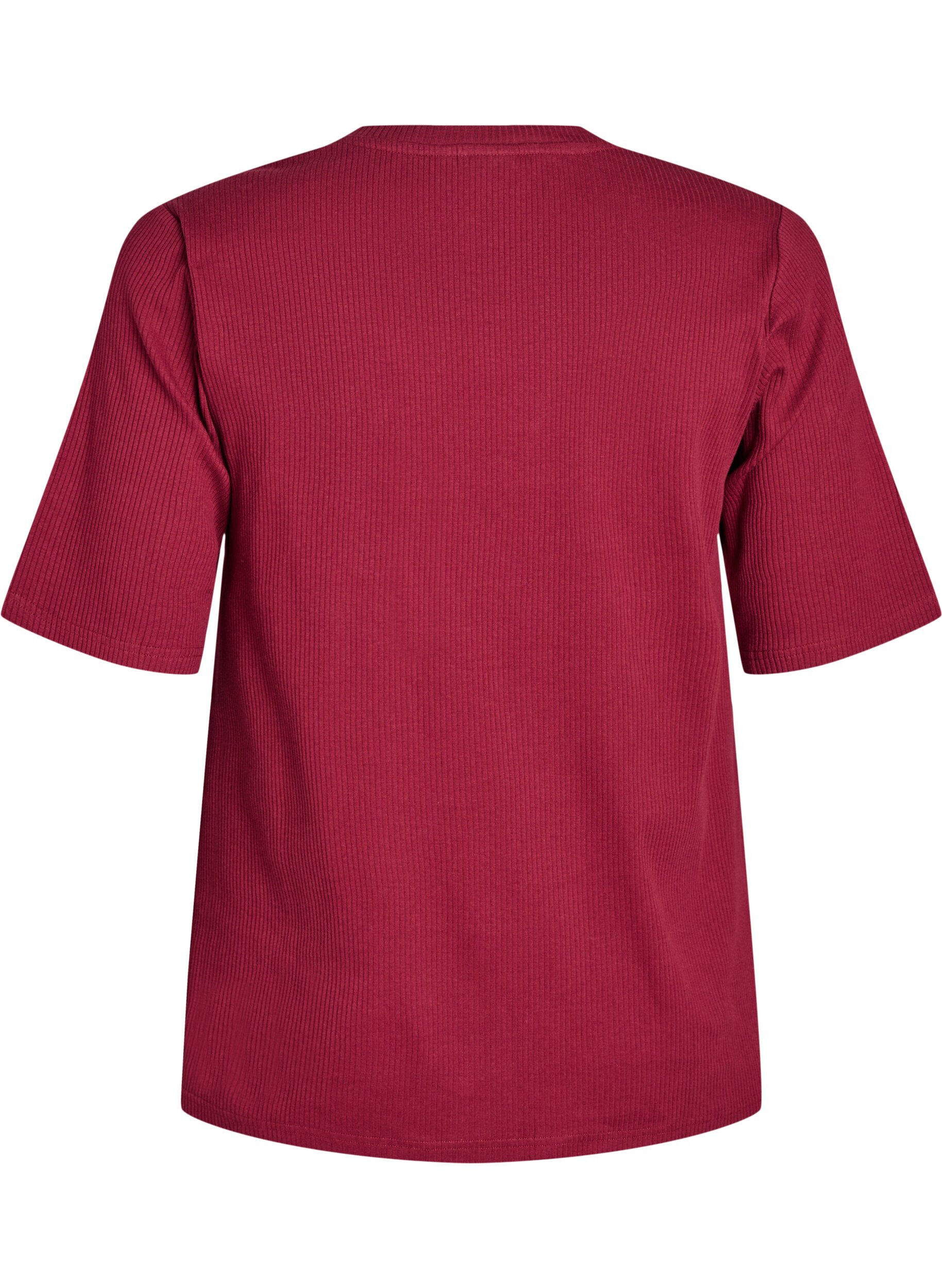 ZizziRibbestrikket jerseybluse med korte ermer, M&oslash;rk Bordeaux, Packshot image number 1