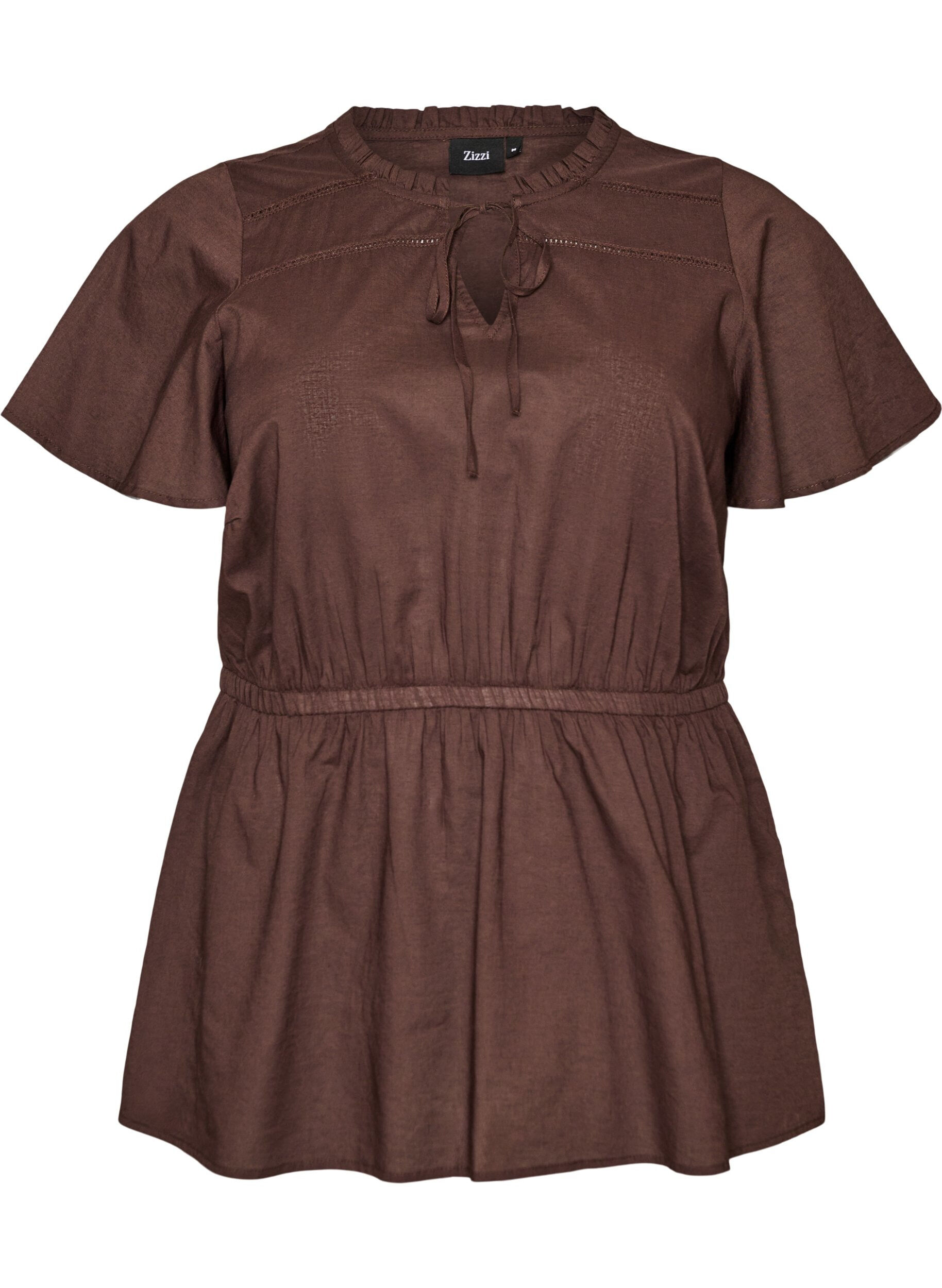 ZizziBluse i bomull med knytesnor og elastisk midje, Brun, Packshot image number 0