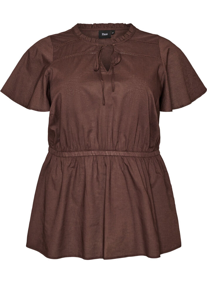 Bluse i bomull med knytesnor og elastisk midje, Brun, Packshot image number 0