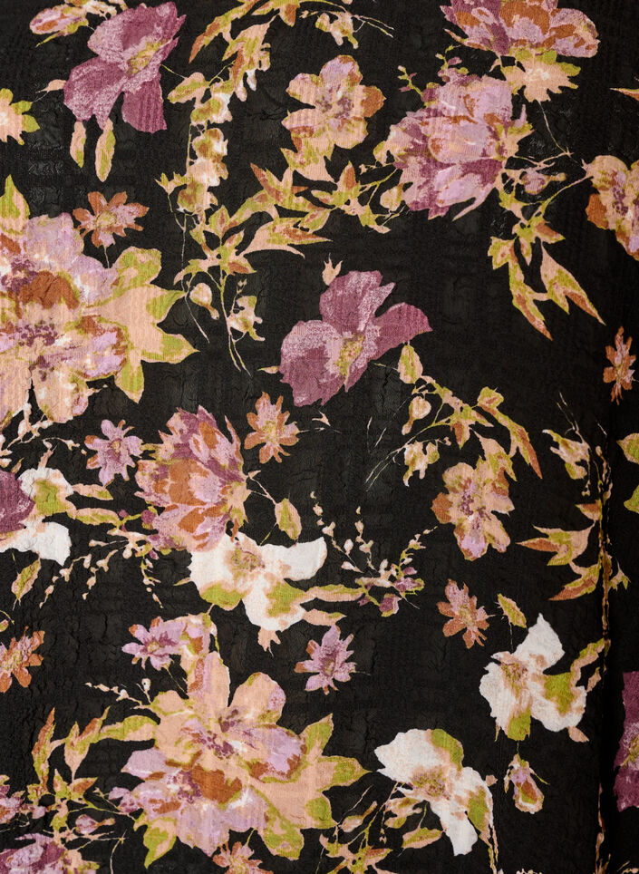 Bluse med blomstertrykk og rysjedetaljer, Svart, Packshot image number 2