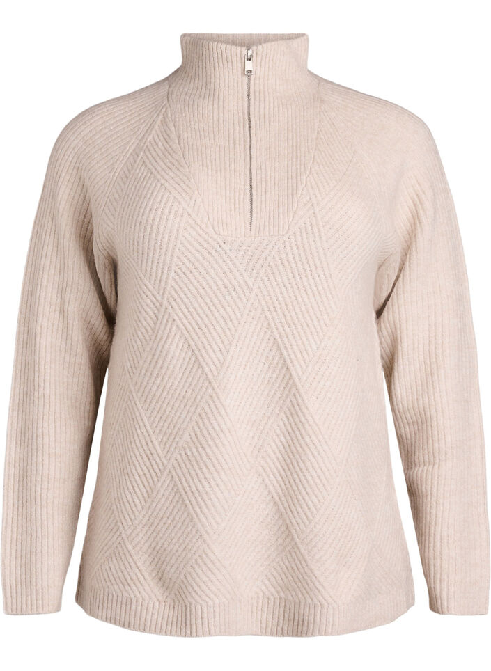 Strikket topp med glidelås og høy krage, Pumice Stone Mel., Packshot