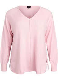Finstrikket bluse med V-hals og detalj foran, Rosa