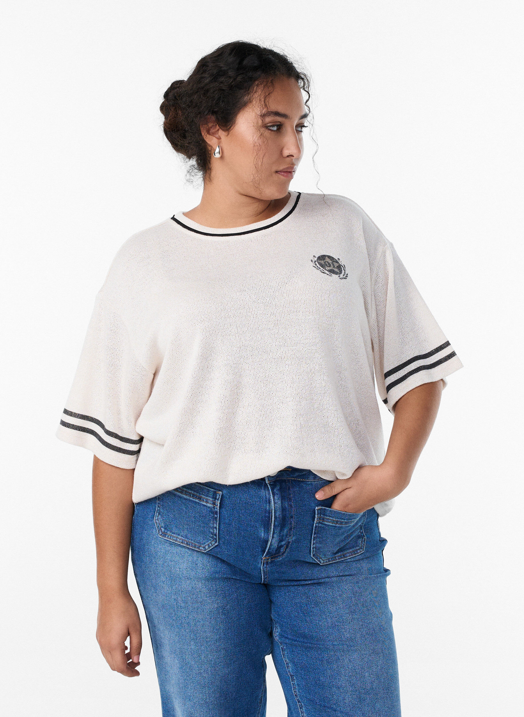 Kortermet bluse med kontraststriper, Beige, Model