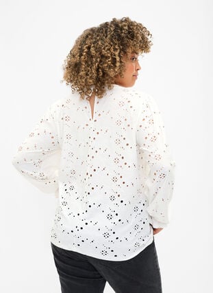 Langermet bluse med hullmønster, Bright White, Model image number 1