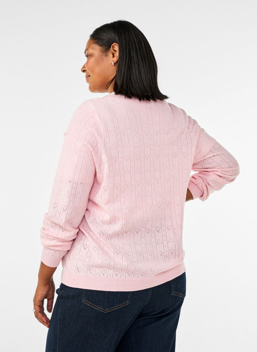 Strikket cardigan med hjerte hullbroderi, Rosa, Model image number 2