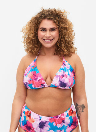 Trekantet bikini-BH med trykk, Pink Flower, Model image number 0