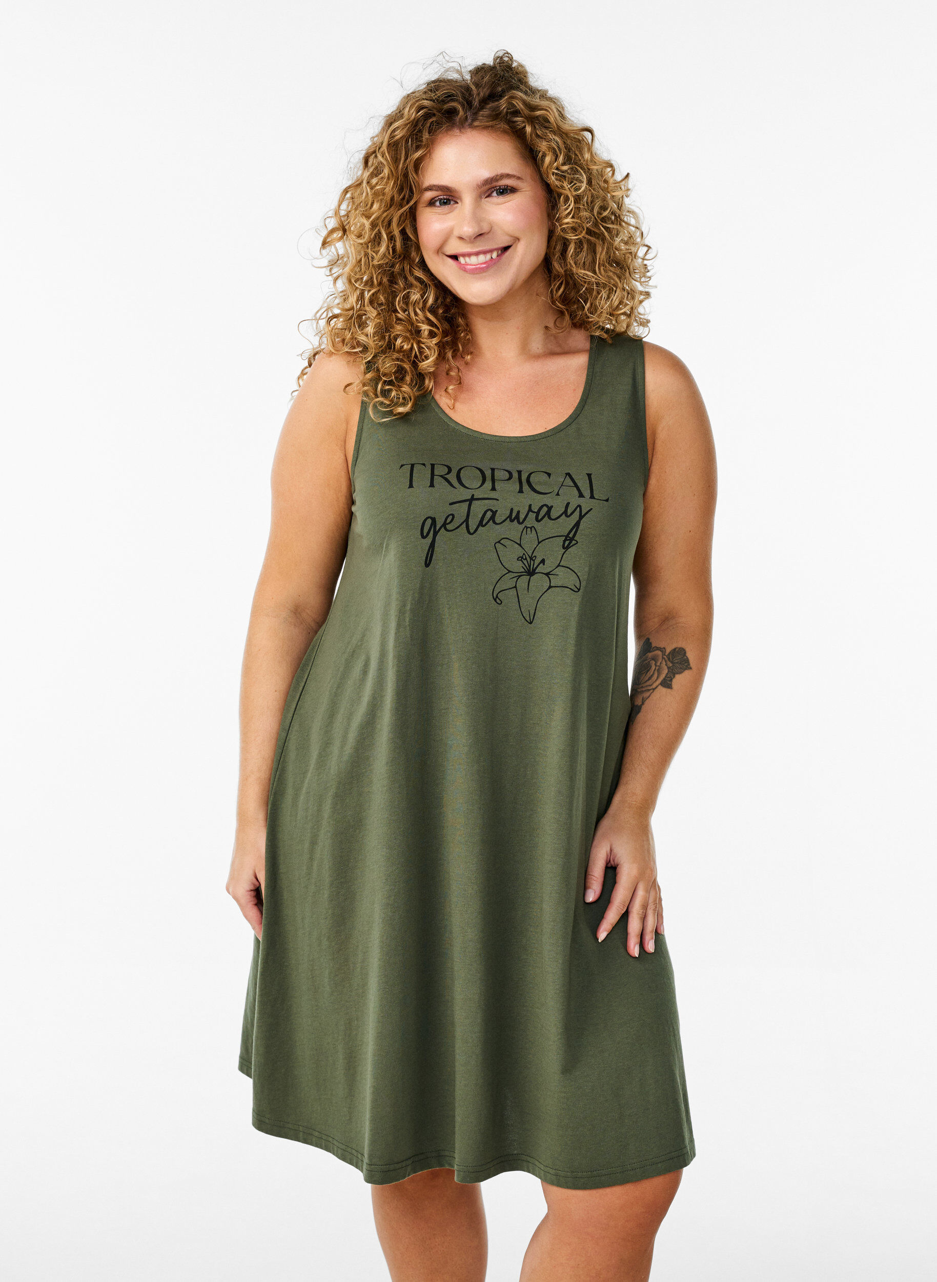 Zizzi Ermel&oslash;s A-linje kjole, Gr&oslash;nn, Model image number 0