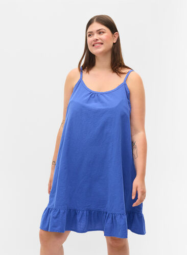 Bomullskjole med tynne stropper og A-form, Dazzling Blue, Model image number 0