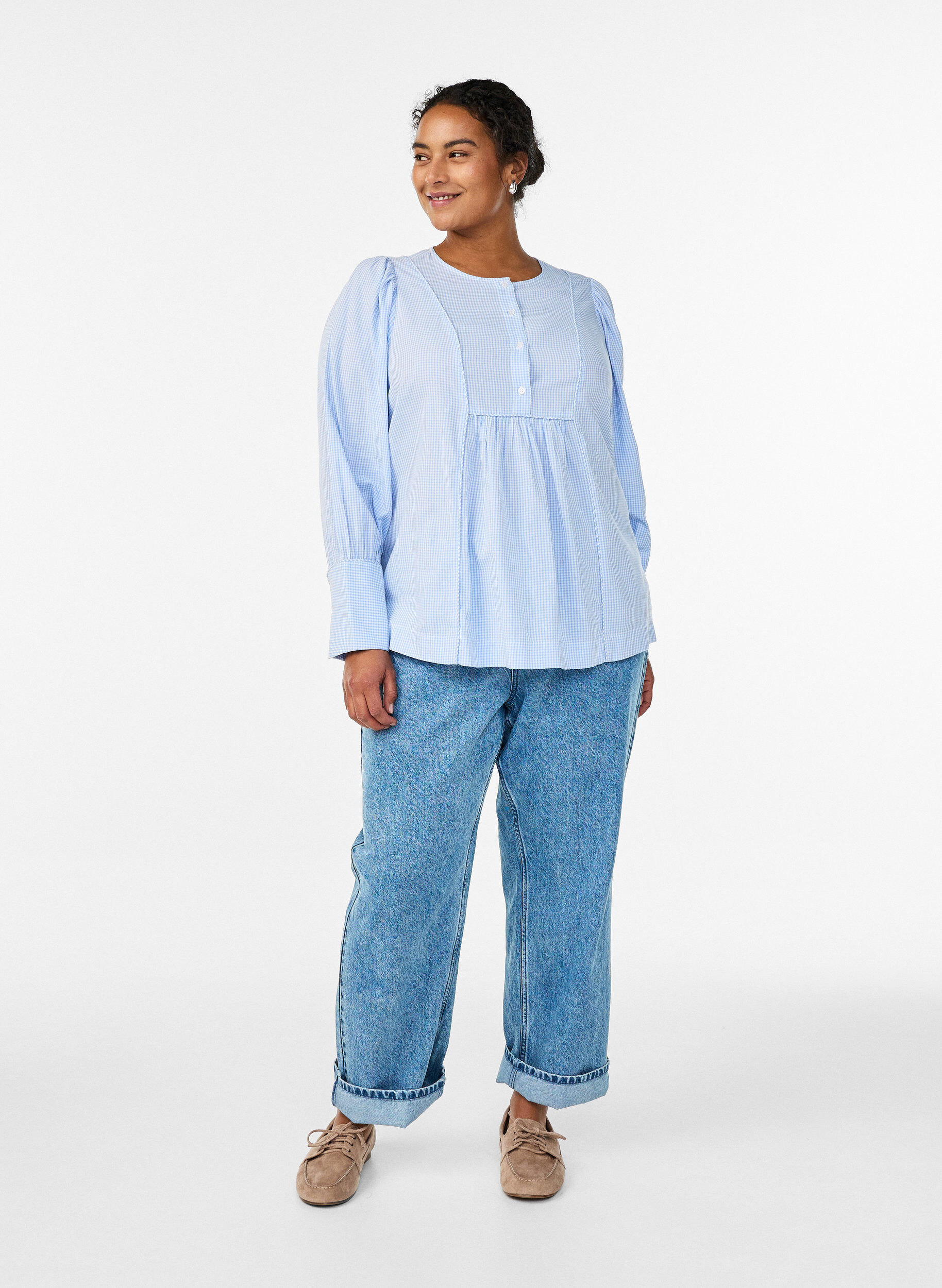 Zizzi A-line rutete bluse, Bl&aring;, Model image number 1