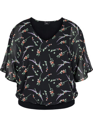 Bluse med blomstermønster og 3/4-ermer, Black AOP, Packshot image number 0