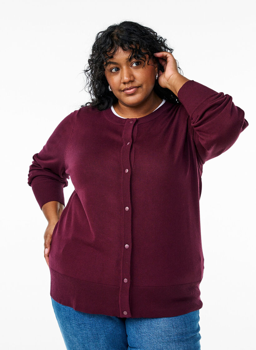 Strikkecardigan med rund hals og knapper, R&oslash;d, Model image number 0