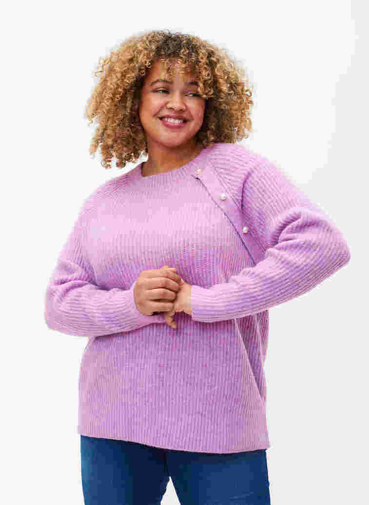 Melert strikkegenser med perleknapper, Purple Mel., Model image number 0