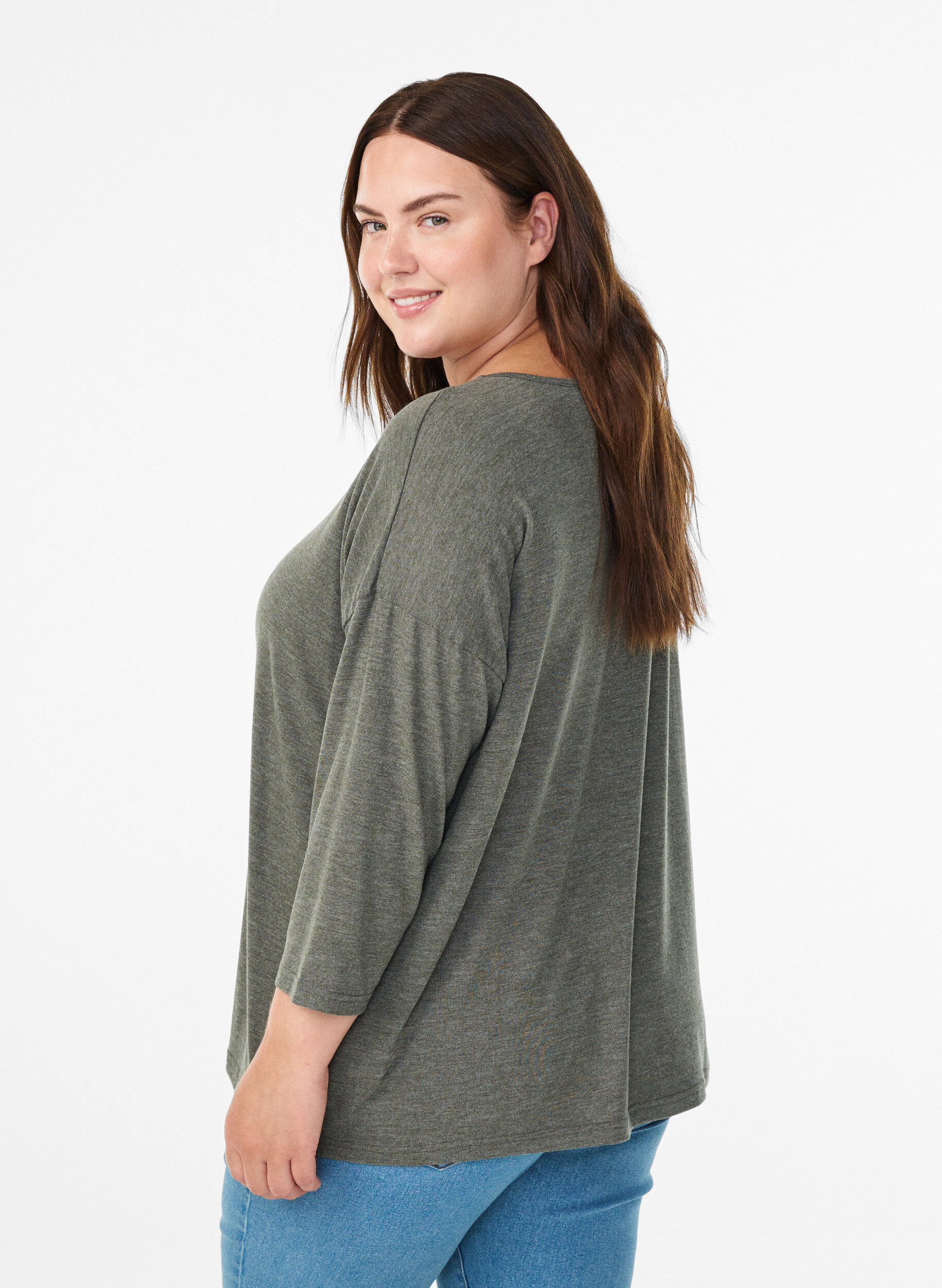 ZizziJersey bluse med 3/4 ermer, Gr&oslash;nn, Model image number 2